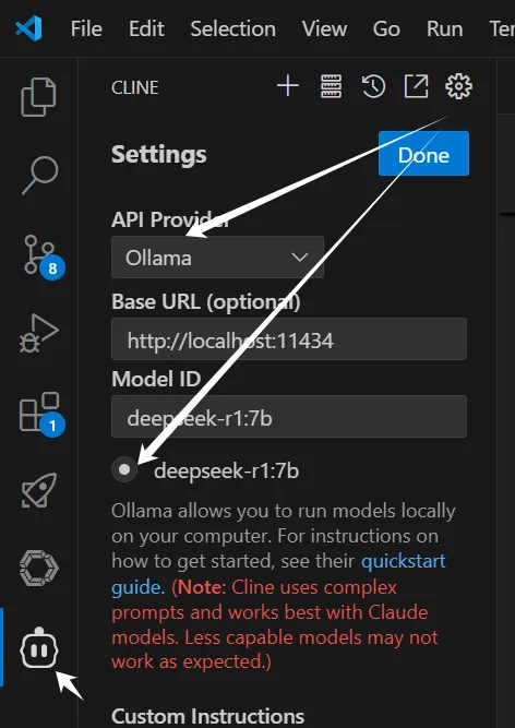 Vs code, 在 Cline 中连接 ollama